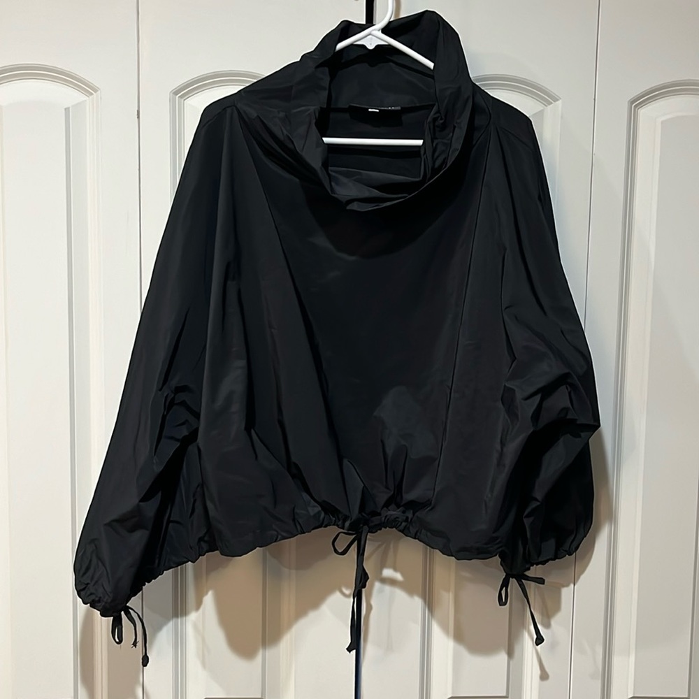 Bryn Walker black cow neck drawstring box top size L memory crunch fabric